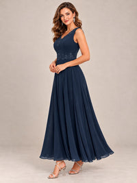 Dusty Blue Floral Lace Chiffon Mother of the Bride Dress with Jacket