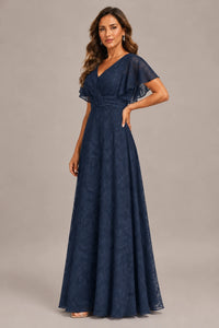 Jovellee Floral Chiffon A-Line Mother of the Bride Dress with Flutter Sleeves