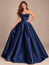 Pink Strapless Corset Satin Prom Derss & Ball Gown with 3D Floral