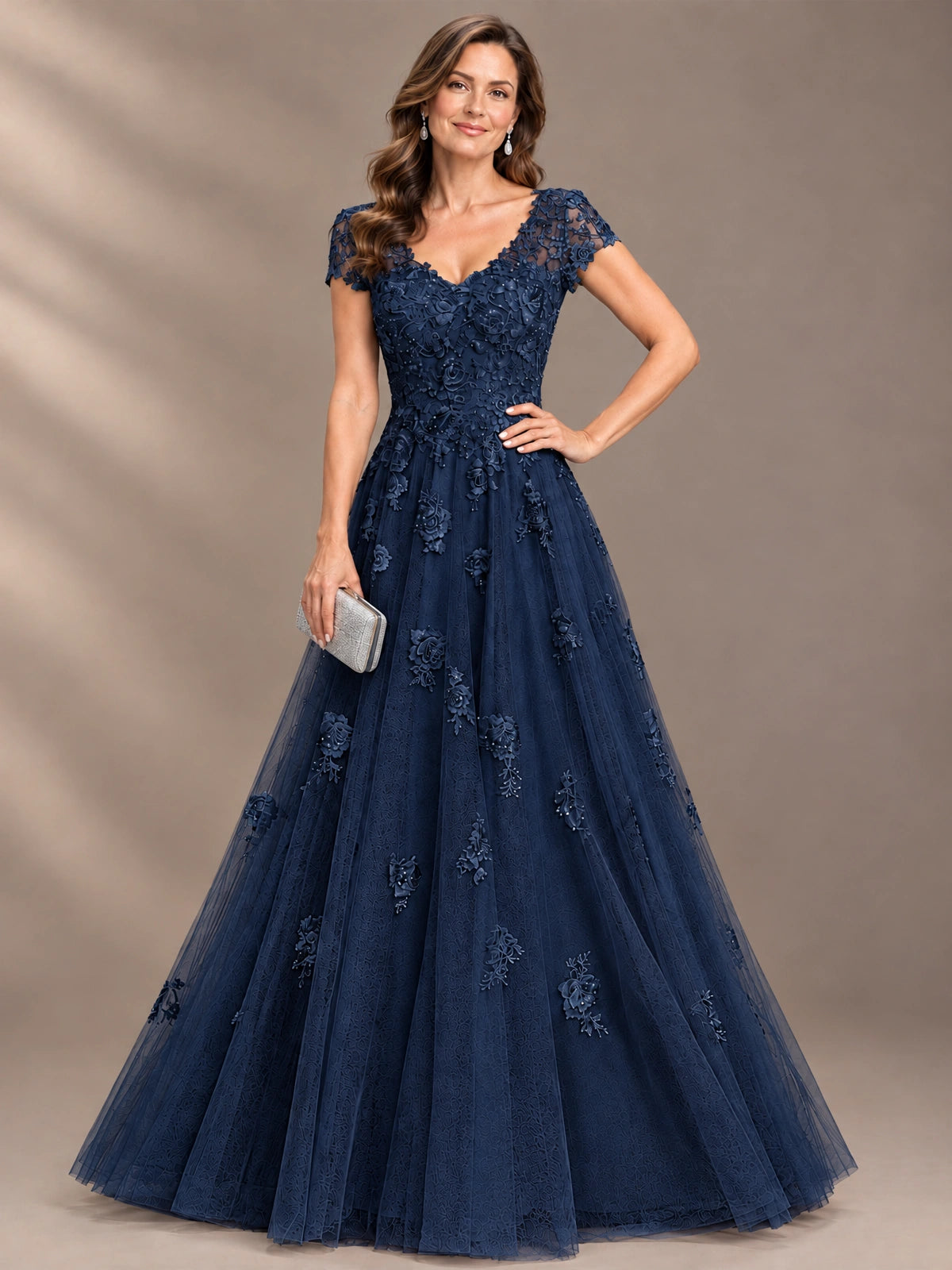 Lace Appliques A-line Mother of The Bride Dresses with Short Sleeves