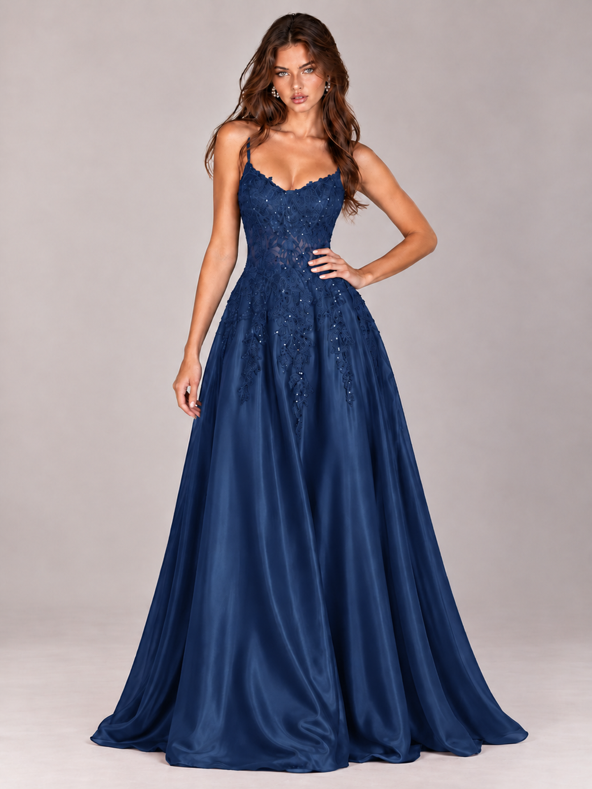 Lace Applique Satin A-Line Prom Dress with Sheer Bodice