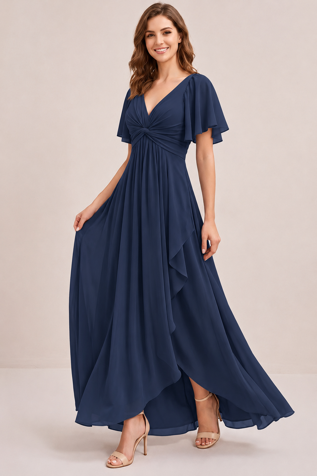 Dusty Blue Chiffon Bridesmaid Dress with Flutter Sleeves & High-Low Hem