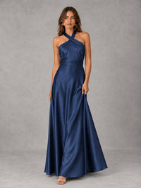 Sage Green Satin A-Line Bridesmaid Dress with Halter Neck