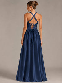 Light Yellow Halter Neck Satin A-Line Maxi Dress with Pockets