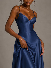 Lavender V Neck Satin Prom Dress with Spaghetti Straps