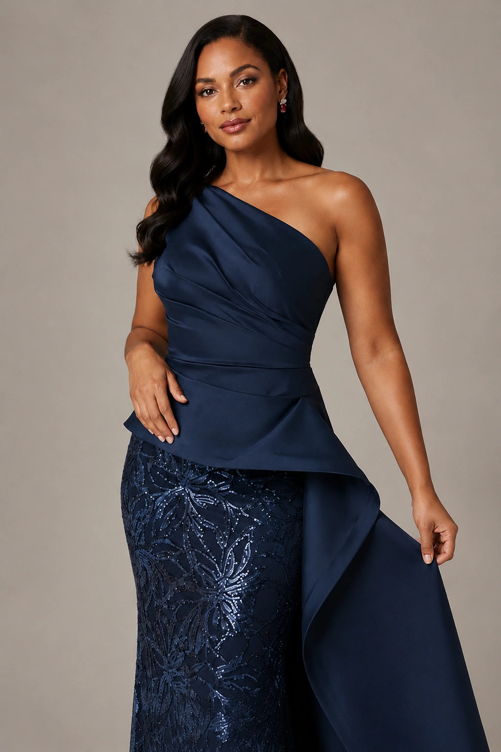 One-Shoulder Mother of the Bride Dress with Sequin Skirt and Peplum