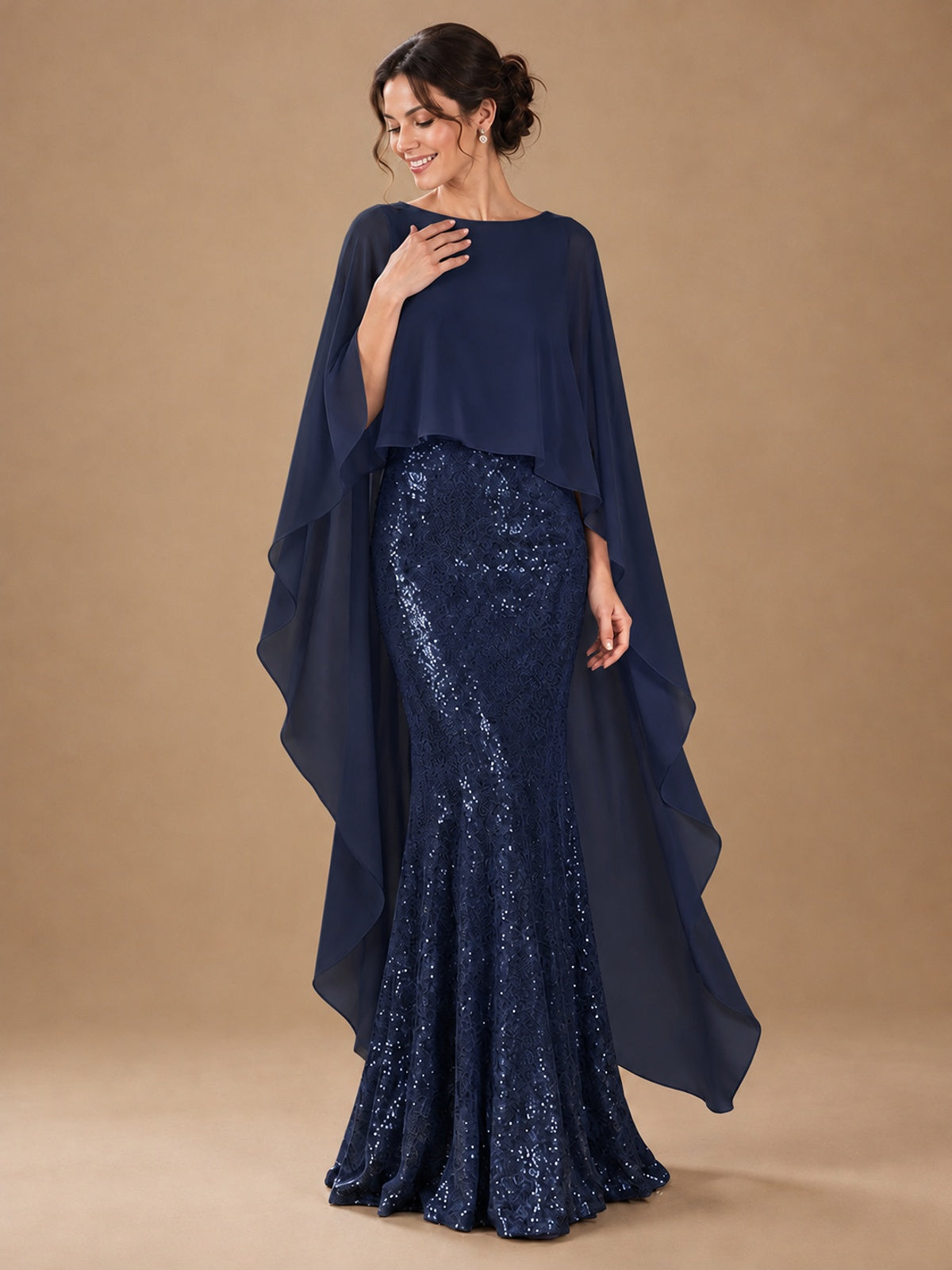 Sequin 2 Pieces Mother of the Bride Dress with Cap Sleeves Chiffon Formal Gowns
