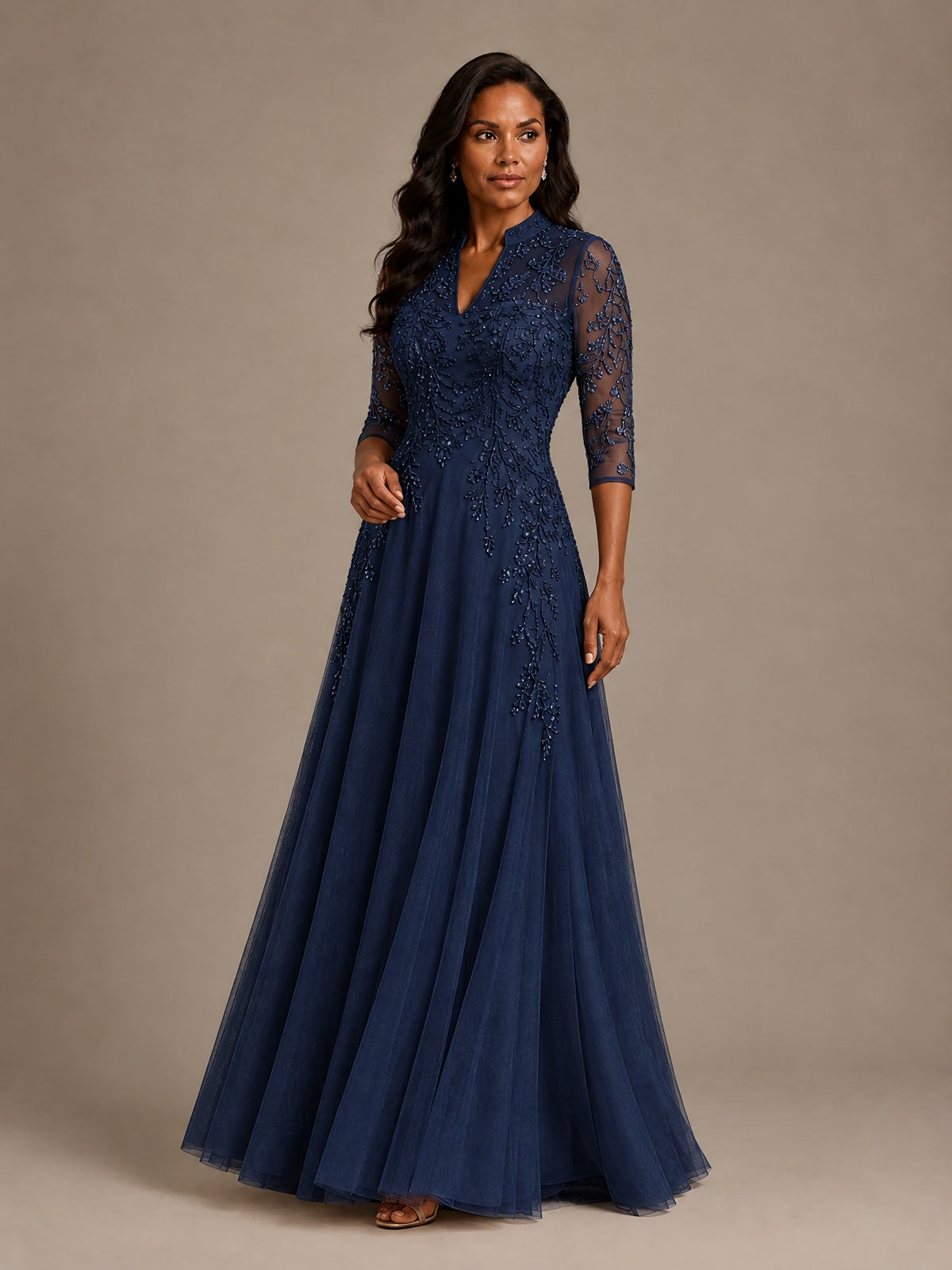Embellished Appliques Mother of the Bride Dress with 3/4 Sleeves