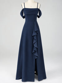 Spaghetti Strap Chiffon Bridesmaid Dress with Ruffles Slit
