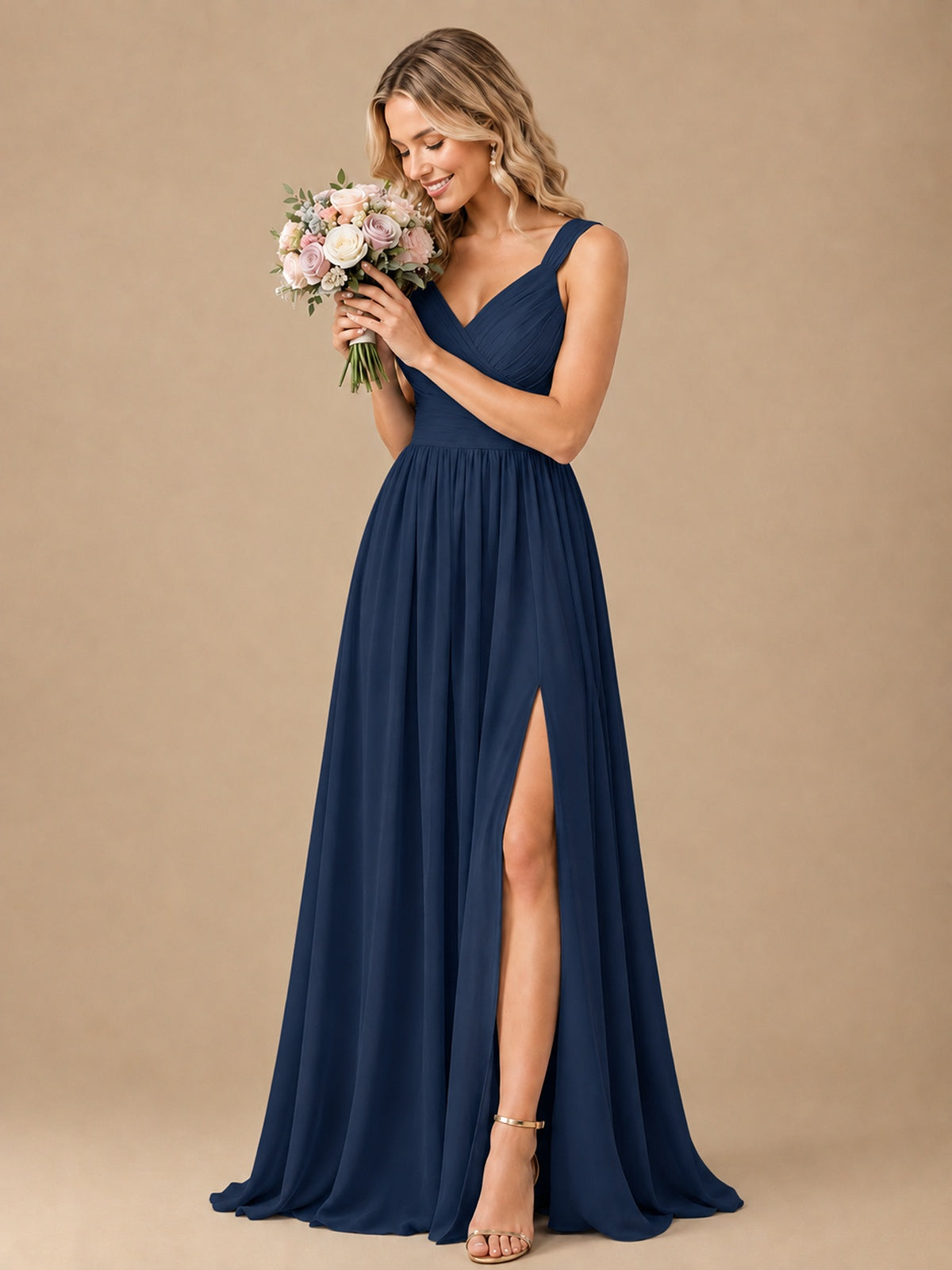 Pleated Chiffon V Neck Wedding Bridesmaid Dresses Floor Length with Slit