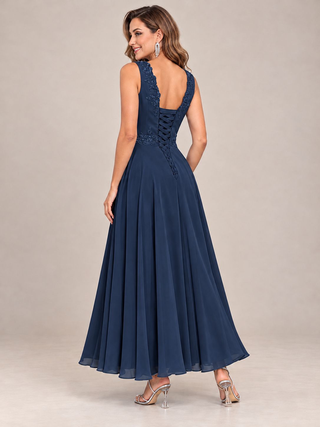Dusty Blue Floral Lace Chiffon Mother of the Bride Dress with Jacket