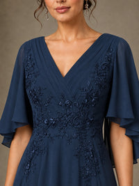 V-Neck Chiffon Lace Mother of the Bride Dress with Flutter Sleeves