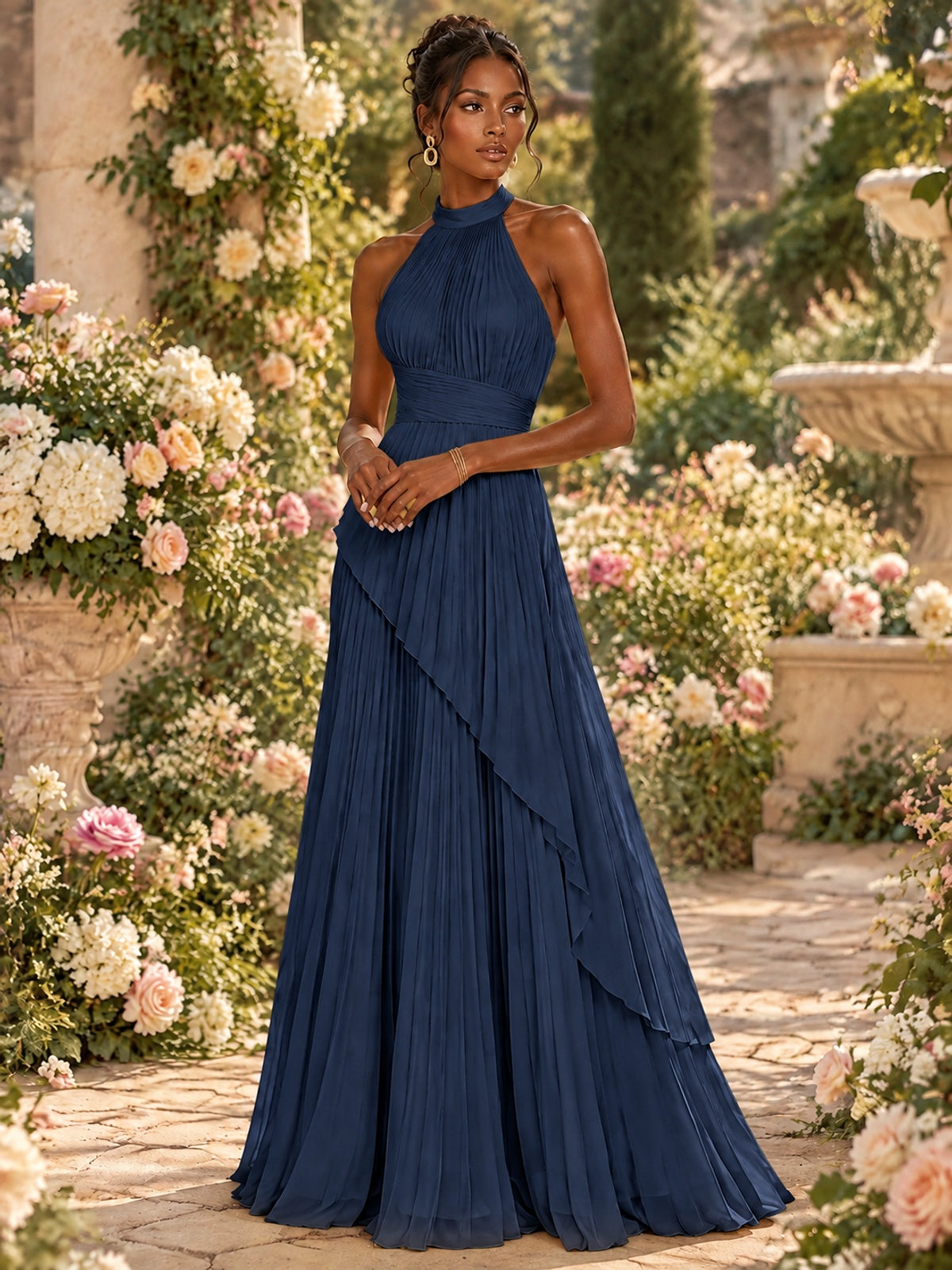 Wrap Pleated Prom Dress Halter A-line Chiffon Formal Wedding Dress