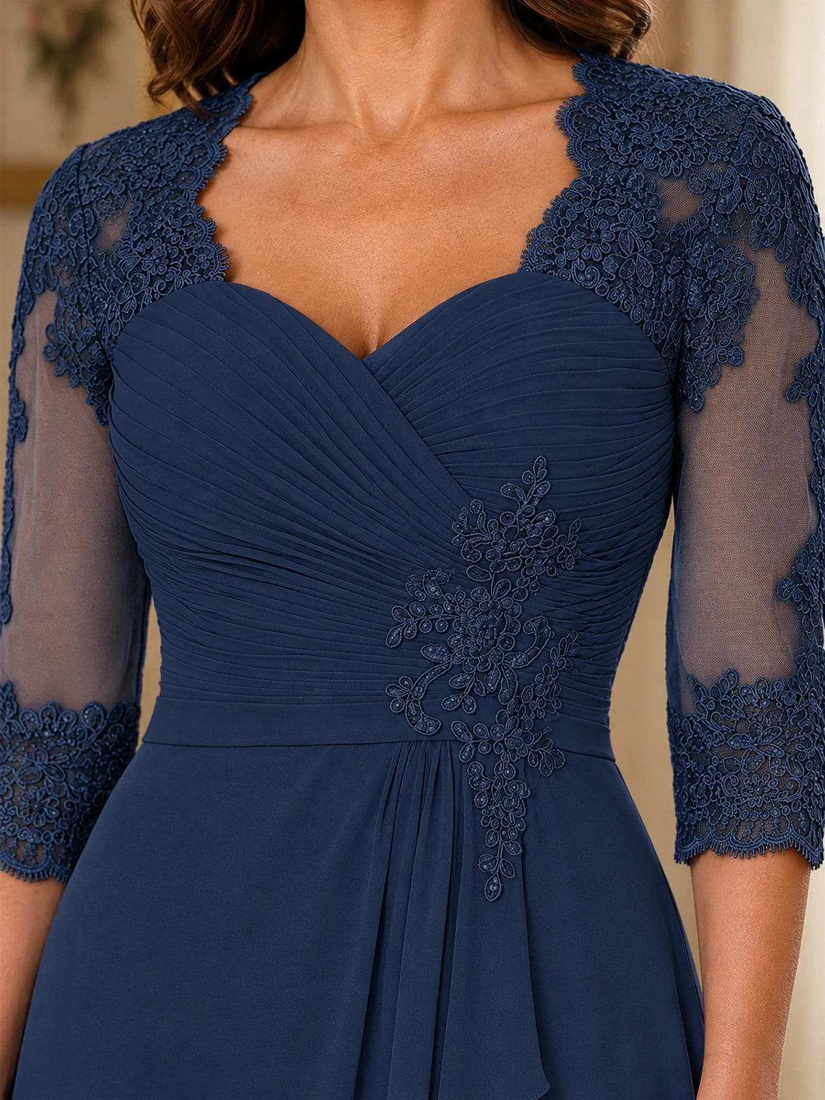 Chiffon Lace Applique Mother of the Bride Dress with 3/4 Sleeves