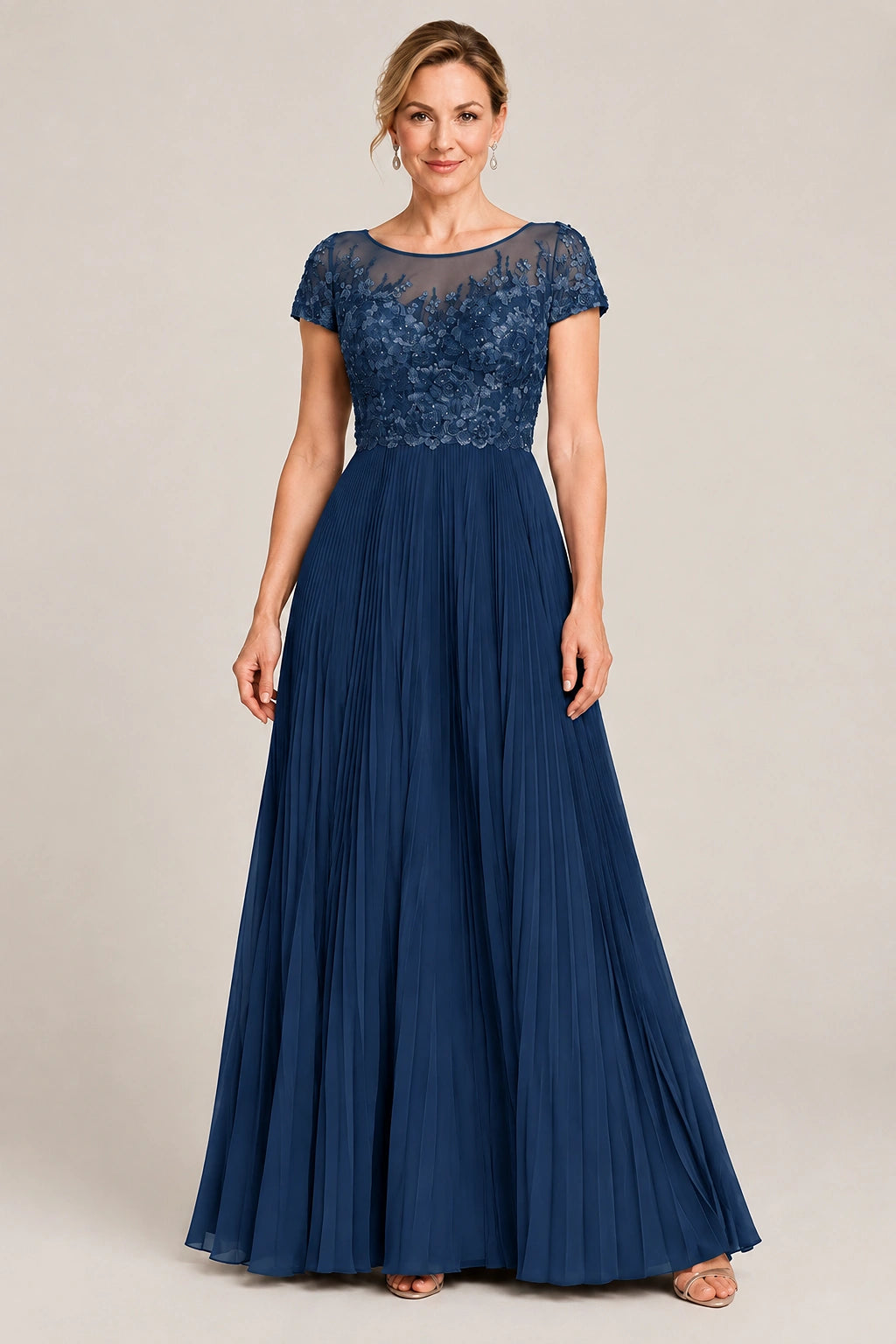 Embroidered Lace Pleated Mother of the Bride Dress