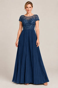 Embroidered Lace Pleated Mother of the Bride Dress