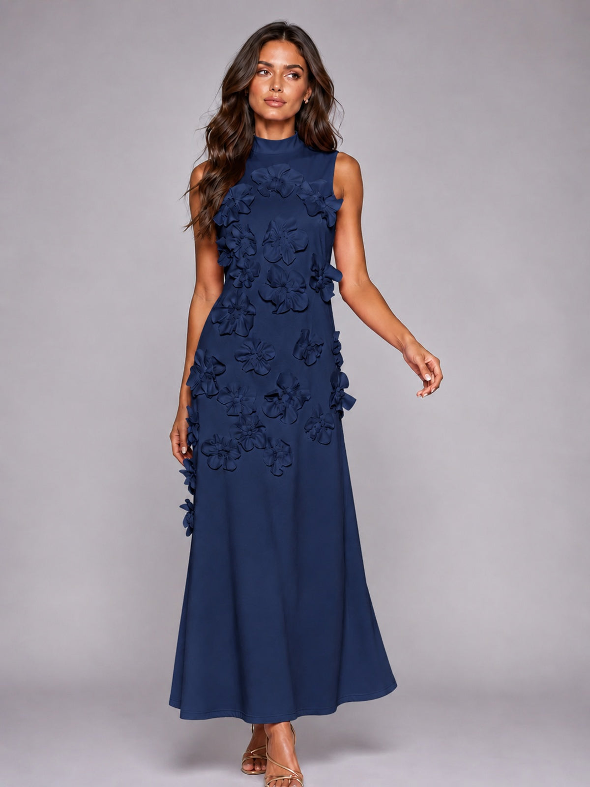 3D Floral Applique High Neck Prom Maxi Dress