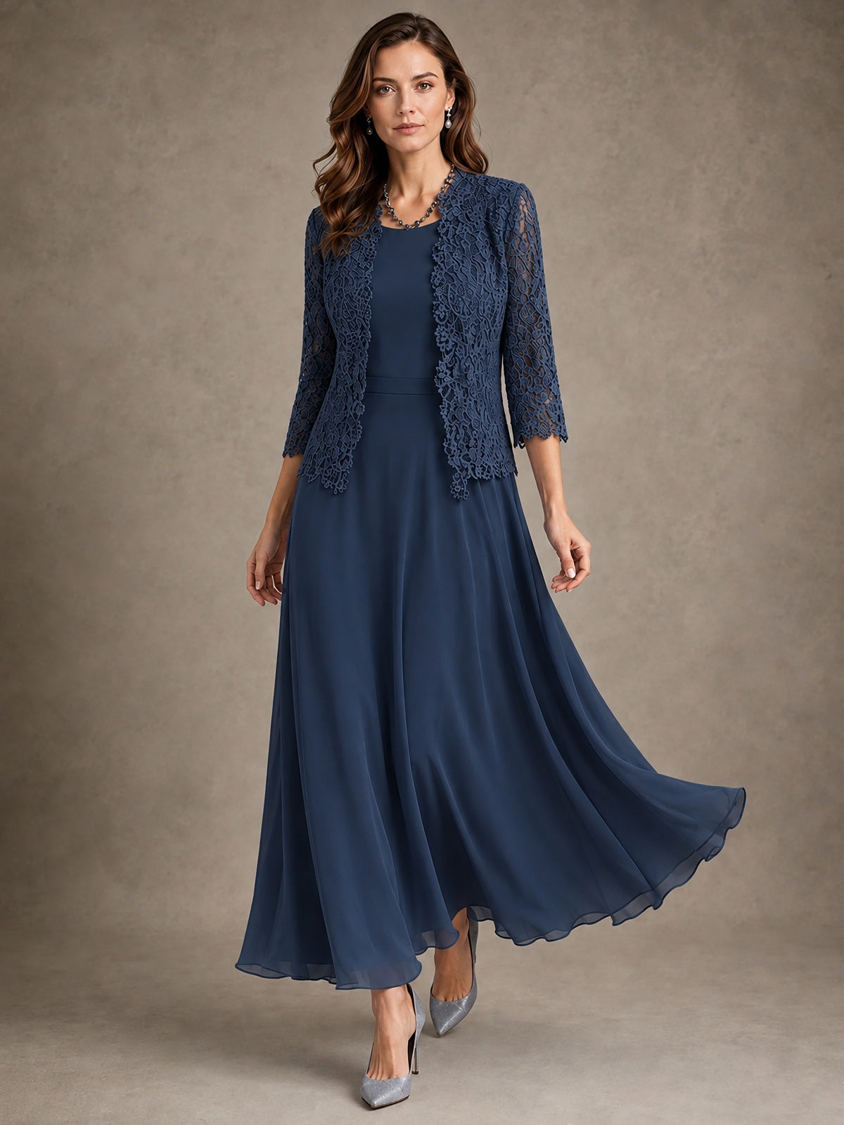 2-Piece Chiffon Mother of the Bride Dress with Lace Jacket