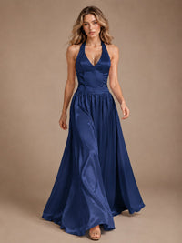 Pink V Neck Halter Satin Maxi Dress