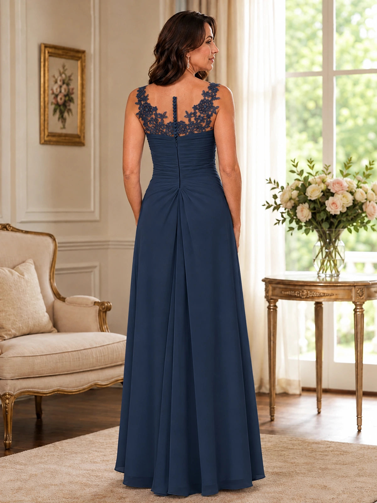 Elegant Chiffon Mother of the Bride Dress with Lace Applique and Cape Sleeves