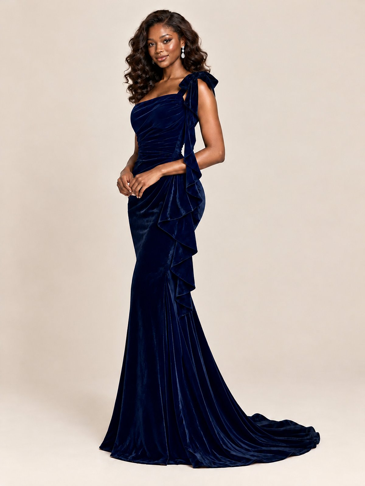 Black Velvet One-Shoulder Mermaid Evening Gown with Bow & Ruffles