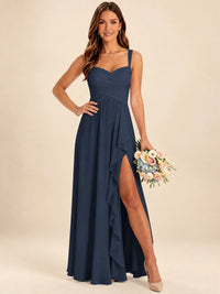 Spaghetti Straps Pleated Chiffon Bridesmaid Dress with Ruffle Slit