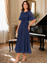 Tea-Length Chiffon Mother of the Bride Dress with Sequin Lace Sleeves