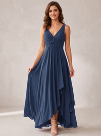 V-Neck High-Low Chiffon Bridesmaid Dress with Ruffles
