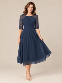 Tea-Length Mother of the Bride Dress with Lace 3/4 Sleeves