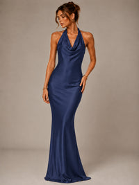 Olive Green Halter Satin Mermaid Maxi Dress