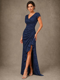 V-Neck Floral Jacquard Mother of the Bride Dress with Slit