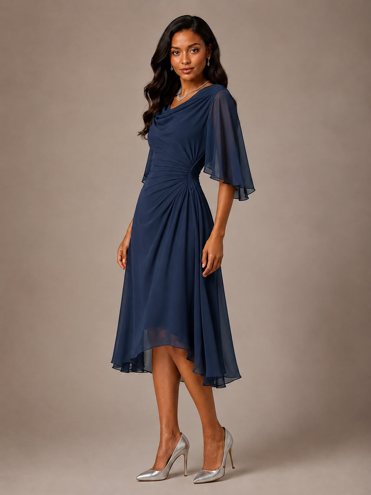 Cowl Neck Ruched Chiffon Mother of the Bride Dresses with Flutter Sleeves
