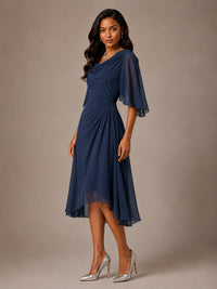 Cowl Neck Ruched Chiffon Mother of the Bride Dresses with Flutter Sleeves