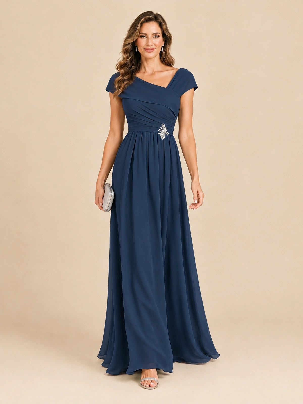 Cap Sleeve Mother of The Bride Dresses Long Chiffon Formal Gowns