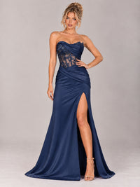 Strapless Satin Prom Dress with Sheer Lace Corset & High Slit