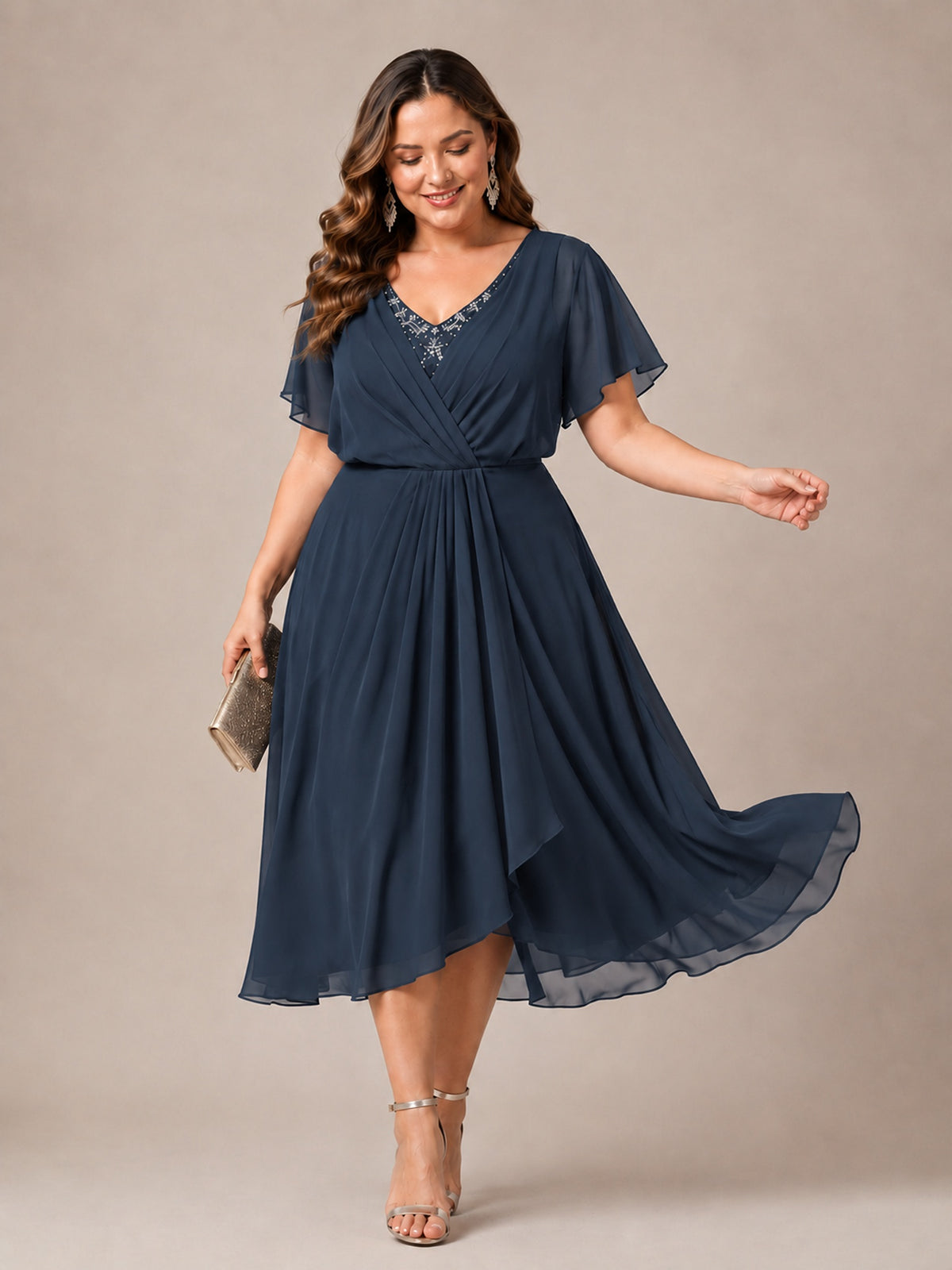 Navy Blue A-Line V-Neck Tea-Length Mother of the Bride Dress
