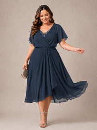 Navy Blue A-Line V-Neck Tea-Length Mother of the Bride Dress