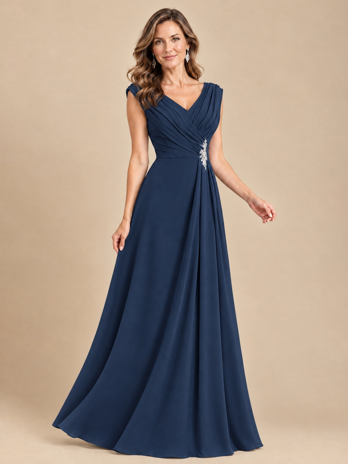 V Neck Pleated Mother of The Bride Dresses with Beading Cap Sleeves