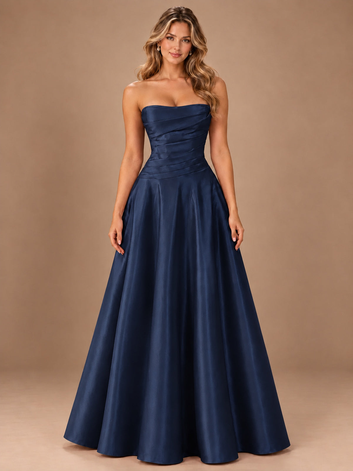 Blush Pink Strapless Satin A-Line Prom Dress with Ruched Bodice