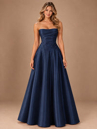 Blush Pink Strapless Satin A-Line Prom Dress with Ruched Bodice