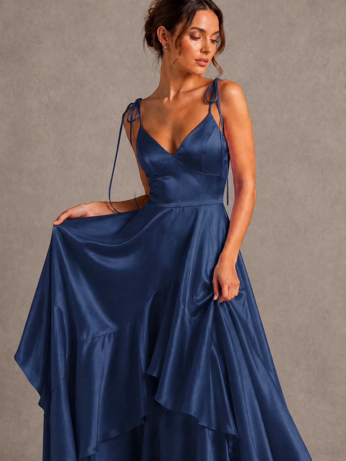 Lavender Satin V-Neck Ruffle Maxi Dress