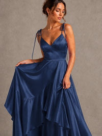 Lavender Satin V-Neck Ruffle Maxi Dress