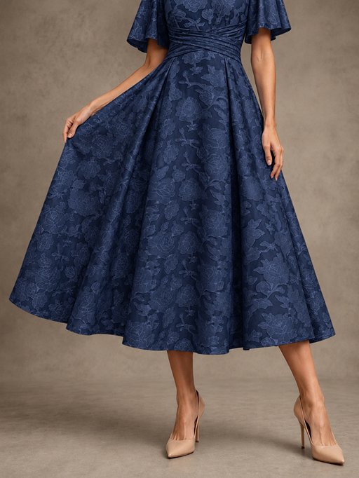 V-Neck Floral Jacquard Tea-Length Mother of the Bride Dress