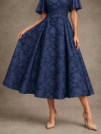 V-Neck Floral Jacquard Tea-Length Mother of the Bride Dress