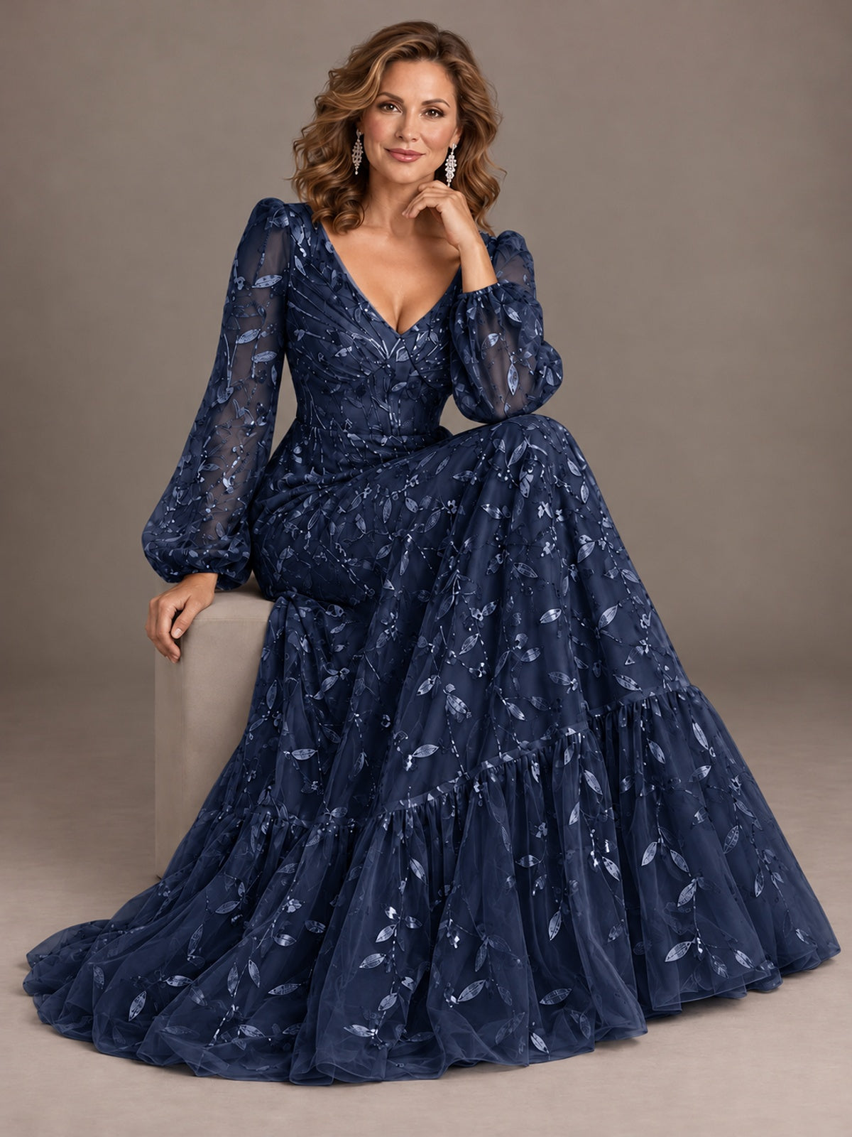 Floral Sequin Embroidered A-Line Mother of the Bride Dress with Long Sleeves