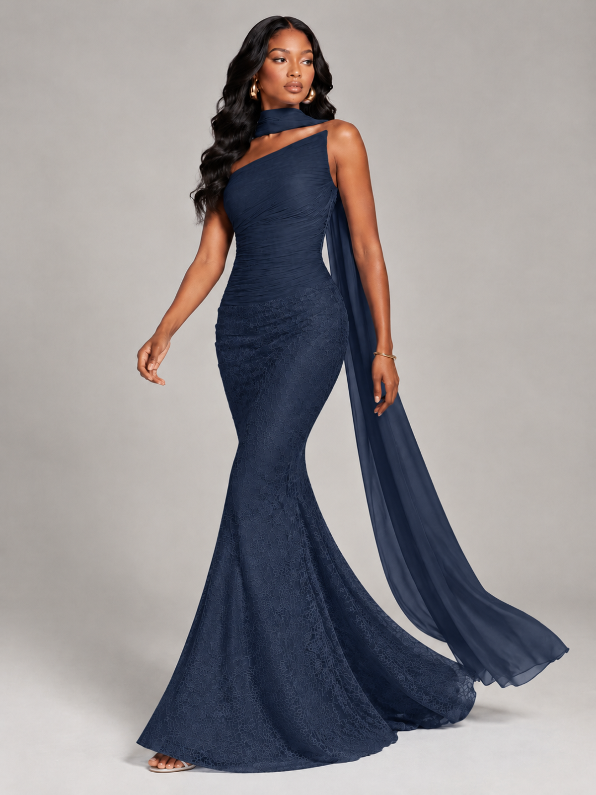 Pleated Chiffon Lace Prom Dresses Long Bodycon Mermaid with Scarf