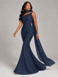 Pleated Chiffon Lace Prom Dresses Long Bodycon Mermaid with Scarf