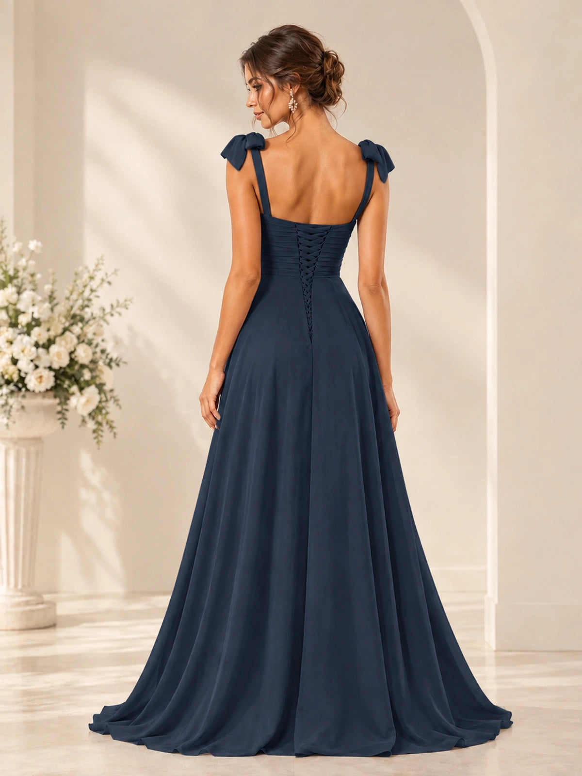 Ruffle Slit Chiffon A Line Scoop Neck Bridesmaid Dresses with Pockets