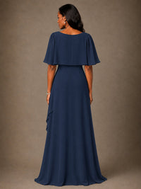 Taupe Chiffon A-Line Mother of the Bride Dress with Cape Sleeves