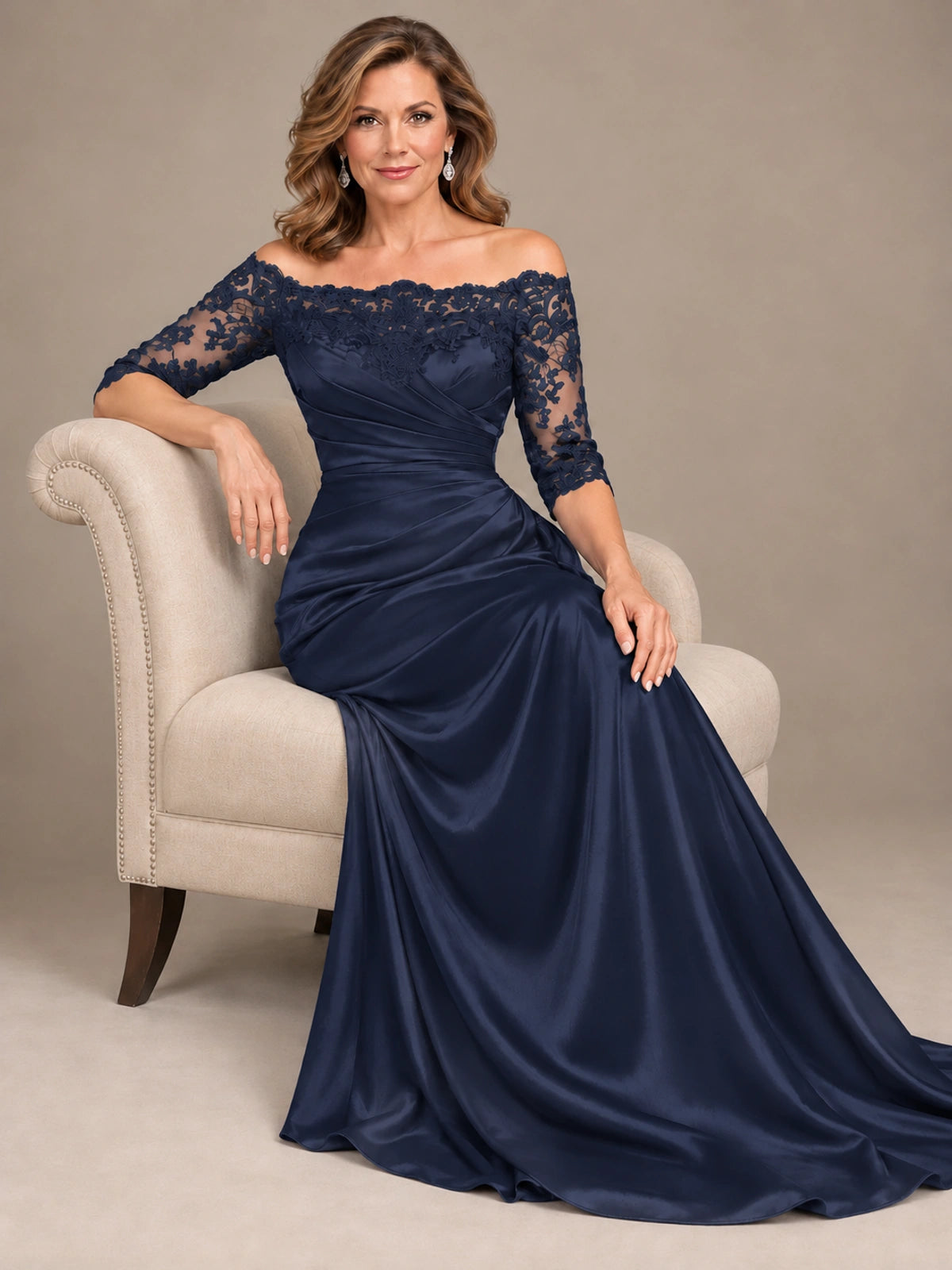 Satin Mother of the Bride Dress with Lace Sleeves Off Shoulder Formal Gown